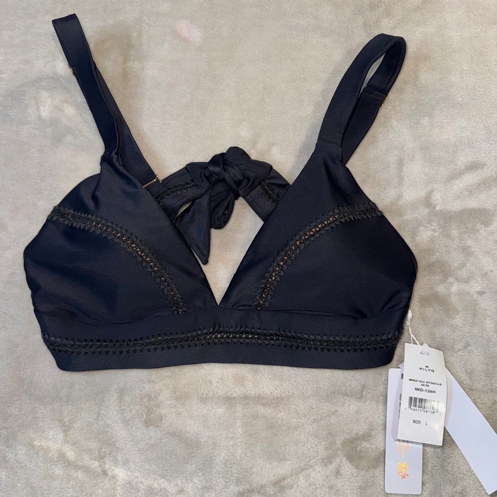 PilyQ Midnight Gold Stitched Ellie Halter Bikini Top Black MID-124H L